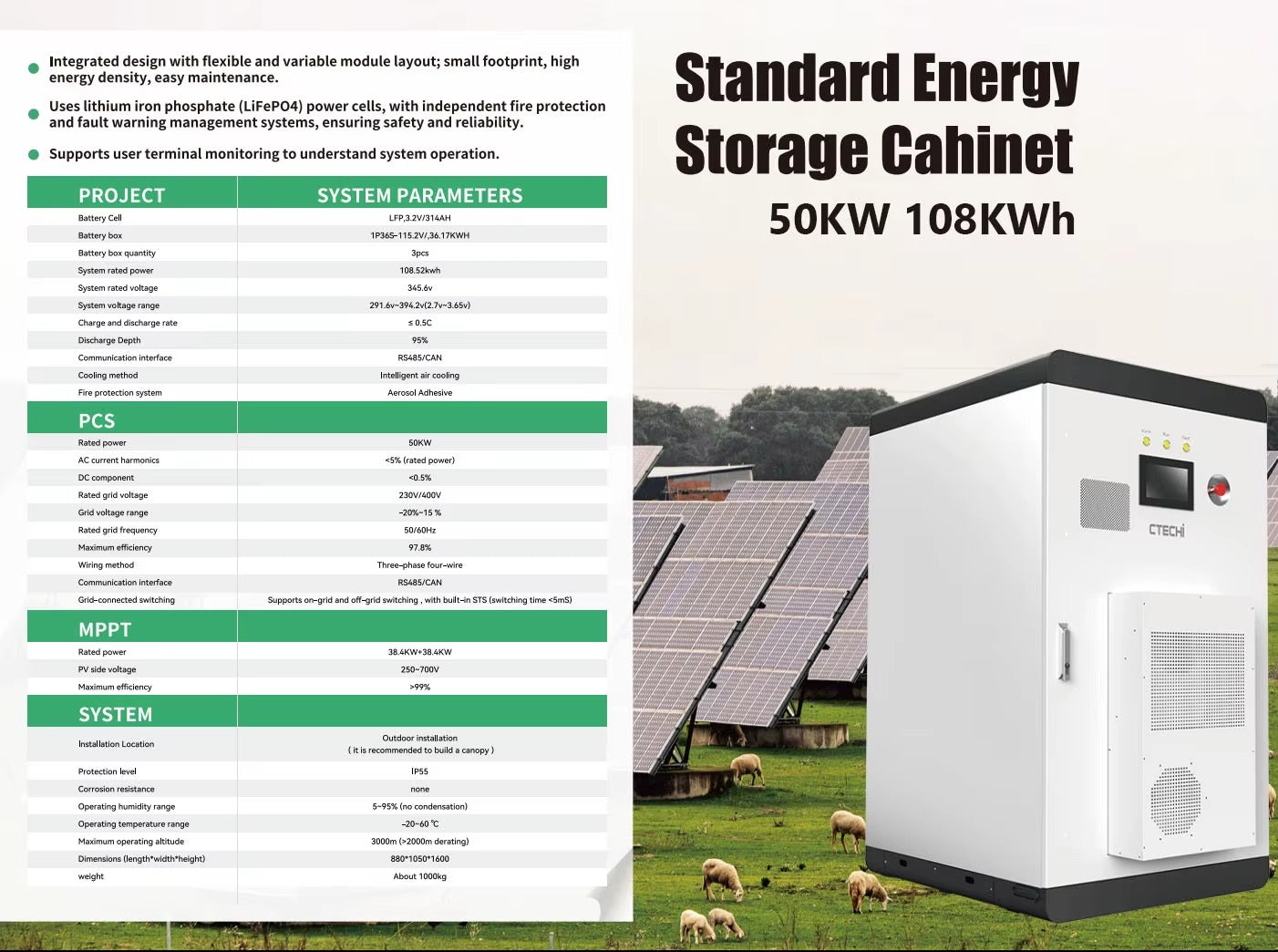 108kWh-50kw BESS ESS Industrial & Commercial Solar Lithium Battery with Hybrid Inverter All in One Energy Storage System